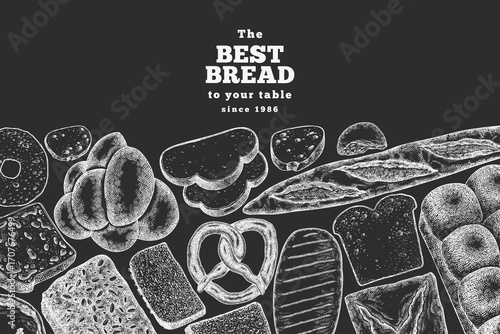 Hand Drawn Vector Bakery Chalk Board Illustration. Not AI Generated. Retro Bread Kinds Design Template. Old School Baking Products