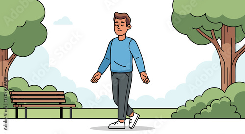 A calm man enjoys a peaceful walk through a vibrant green park, finding serenity amidst nature's beauty and fresh air.