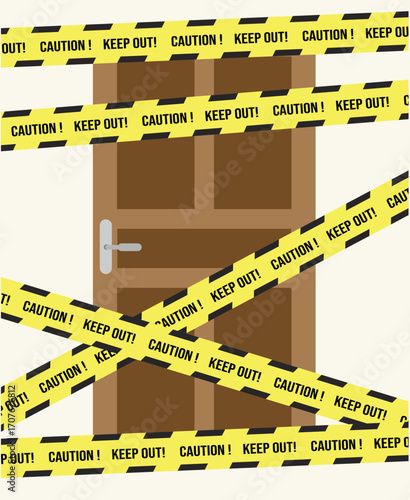 A brown door is barricaded with yellow caution tape that reads "Caution! Keep Out!".