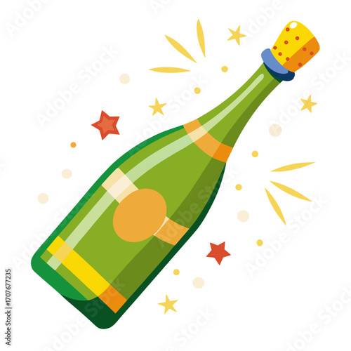Green champagne bottle with cork popping and golden stars sparkling around it.