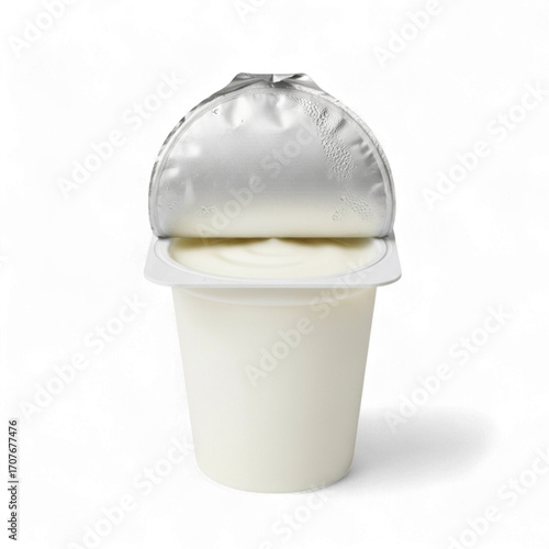Single serving yogurt cup with foil lid partially peeled revealing creamy light green contents isolated on transparent background