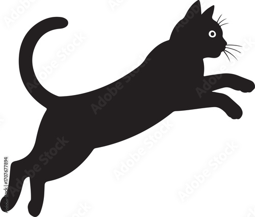 Dynamic silhouette of a black cat leaping mid-air with curled tail
