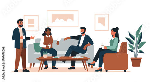 A diverse group of colleagues engaged in a productive brainstorming session or group therapy meeting in a comfortable, modern office lounge