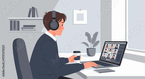 A man wearing headphones attends a video conference call on his laptop, holding a coffee cup.