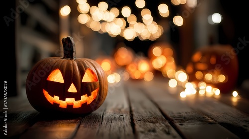 Ein leuchtender Halloween Kürbis auf einer Holz Veranda.