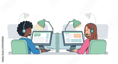 Two customer service representatives wearing headsets working at their computers in a modern office setting.