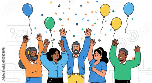 Diverse group of colleagues celebrating with balloons and confetti, arms raised in excitement, in an office setting.