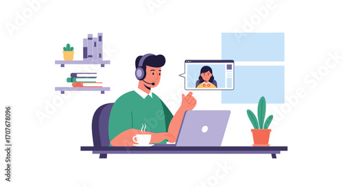 Man with headset video conferencing on laptop, talking with a woman on screen, sitting at a desk with coffee and plants.