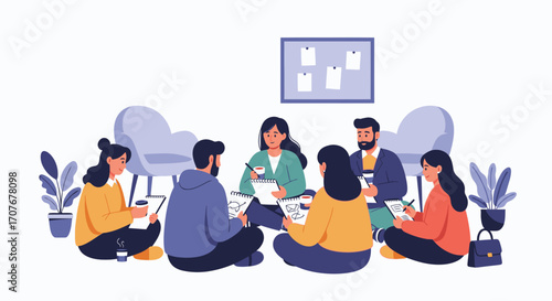 A group of diverse individuals are sitting in a circle, engaged in a meeting or workshop, taking notes and discussing ideas.