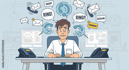 Overwhelmed businessman bombarded by emails, phone calls, and deadlines at his desk.