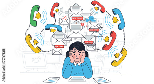 Overwhelmed woman at desk bombarded by emails and phone calls.