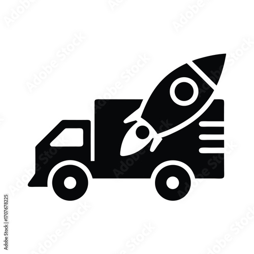 Rocket icon symbol is being transported by a truck in solid black