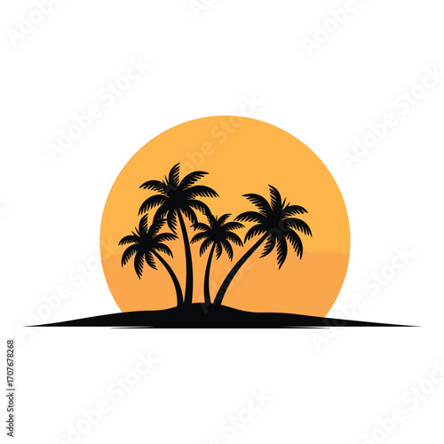 Vector art of palm trees silhouetted against orange sun