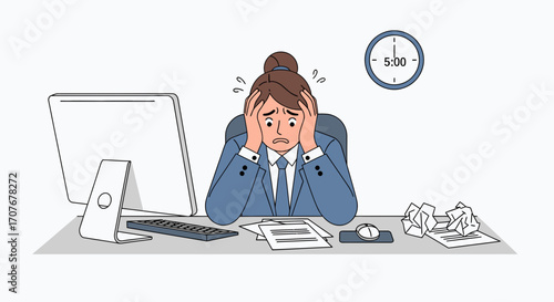 Overwhelmed businesswoman sitting at her desk with hands on her head, surrounded by crumpled papers and a clock showing 5:00.