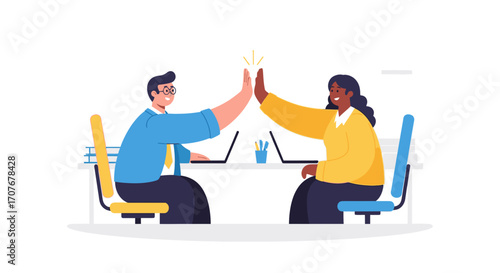 Successful business collaboration celebrating achievement with a high-five gesture between diverse colleagues in a modern office environment illustration