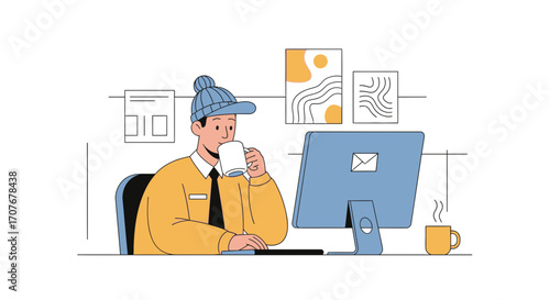 Young creative professional working on a computer at a modern desk while enjoying a coffee break. Flat vector illustration of a freelancer in the office