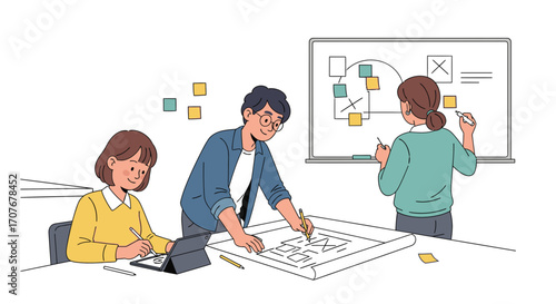 Creative professionals collaborating on a strategic project, using a whiteboard and blueprints for business development