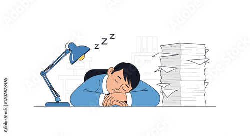 Overworked person sleeping at a desk with documents and a lamp, illustrating burnout, stress, and the crucial need for rest and work-life balance