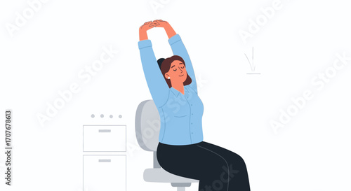 Happy female employee stretching in an office chair, taking a short break for relaxation and health. Workplace wellness and ergonomics concept for preventing office syndrome