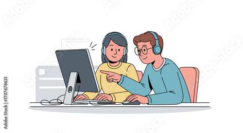 Two Individuals Collaborating at a Computer Station in a Workplace Environment