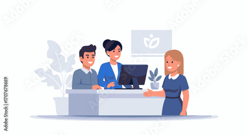 Corporate reception area scene with friendly administrators providing a warm welcome and expert consultation to a visiting client