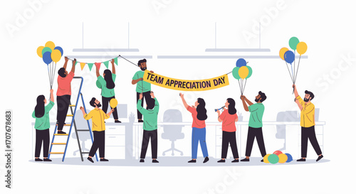 A group of happy, diverse colleagues collaborating to decorate their office for a special appreciation event