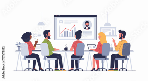 Diverse group of professionals collaborating on a business strategy concept during a presentation with data analysis