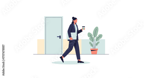 Modern businesswoman walking in a corporate office with a laptop and coffee. Flat vector illustration concept of a professional career