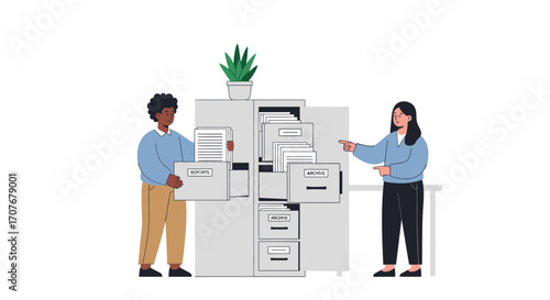 Diverse colleagues working as a team on file archiving and document storage. Flat vector illustration of business organization and data management