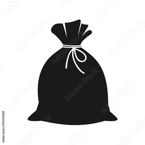 Black silhouette of a tied drawstring bag on white background Keywords: bag, silhouette, black