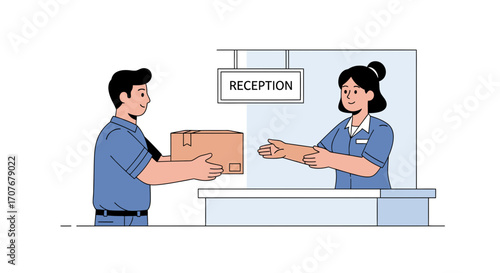 Courier delivering a cardboard package to a friendly female receptionist at a front desk in an office setting