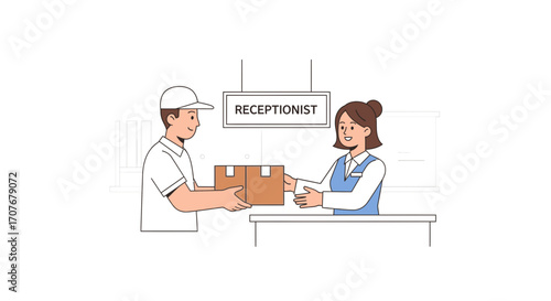 A delivery man hands a cardboard box to a receptionist behind a desk, under a "Receptionist" sign.
