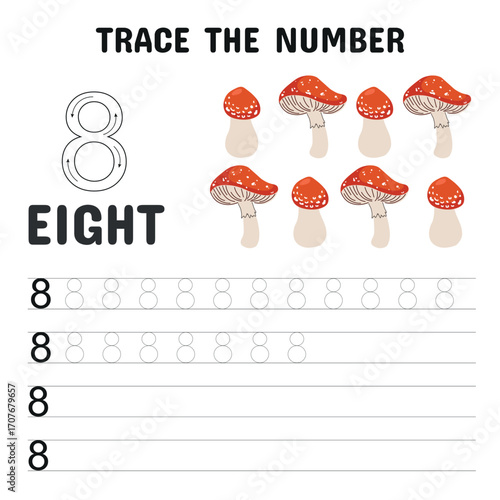 Number 8 Tracing Worksheet with Mushrooms