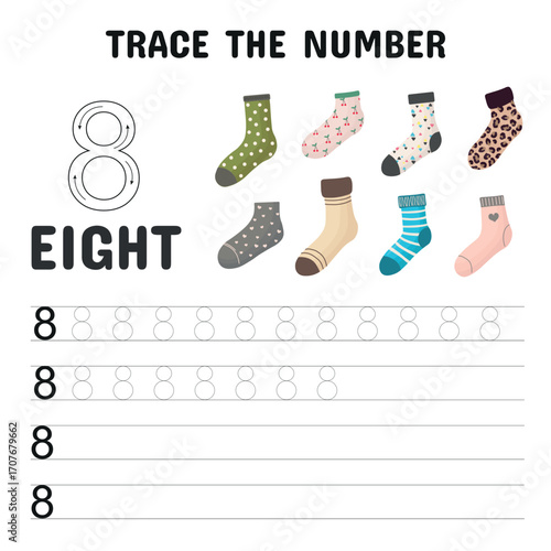 Number 8 tracing worksheet for preschoolers featuring eight colorful socks, handwriting practice lines, and counting activity
