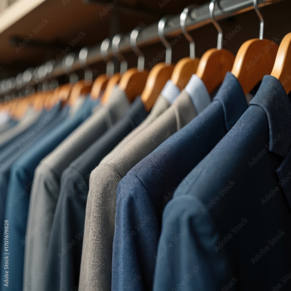 Obraz premium Row of men suits on hangers, offering pro garment care concept. Assorted attire includes jackets, shirts, pants, and dresses. Focus on fabric upkeep and professional cleaning services.