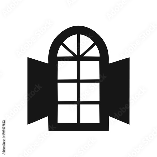 Black silhouette of an open arched window with panes Keywords: window, architecture, opening