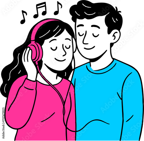 flat vector design ilustration couple headphones listening to music