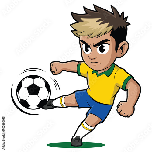 Vector art of cartoon boy kicking soccer ball isolated on white
