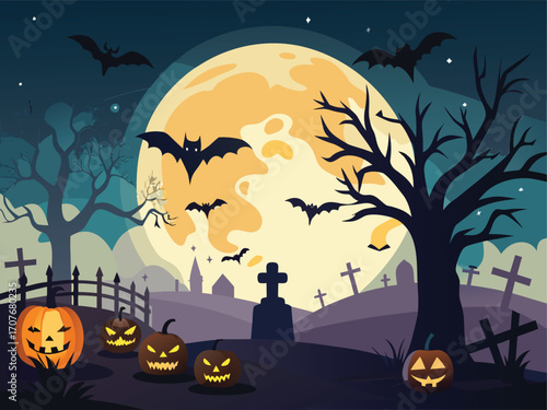 Haunted Cemetery Night Scene with Flying Bats