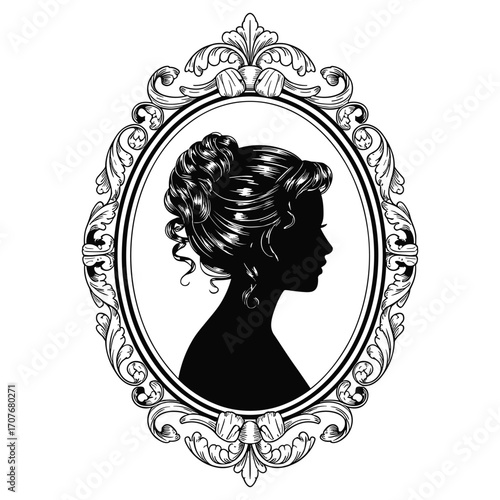 Vector art of silhouette of a woman in ornate frame