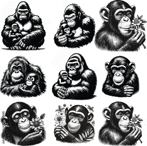 Mother gorilla and baby illustration in realistic style