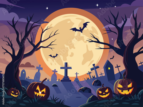 Haunted Night Halloween Illustration with Gravestones