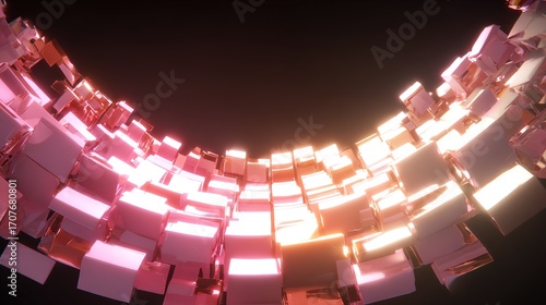 Curved arc of glowing pink segmented cubes creating futuristic motion on dark background, abstract sci-fi wave structure with energy effect.