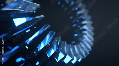 Close-up of futuristic blue glowing segmented elements arranged in spiral wave, elegant technology concept on dark background.