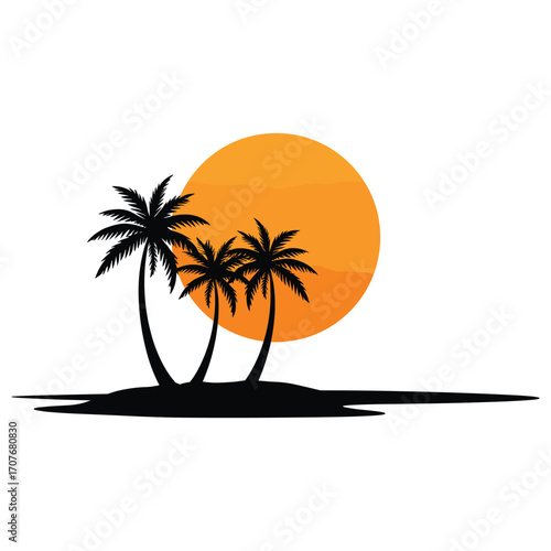 Vector art of palm trees silhouette against orange sun