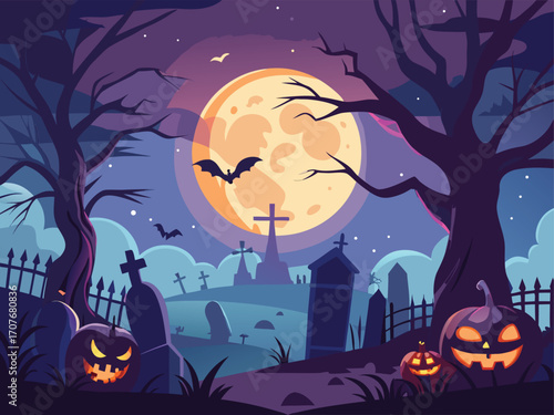 Scary Pumpkin and Tombstone Halloween Illustration