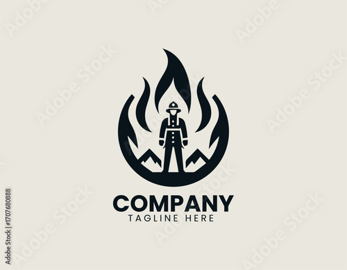 logo shows firefighter standing inside flame shape with strong rescue concept