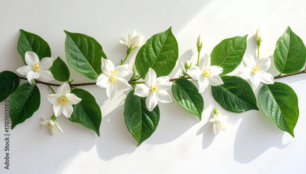 Obraz premium Floral Arrangement Featuring White Star Shaped Flowers and Green Leaves on White Background with Sunlight