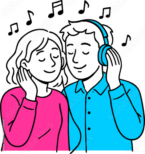 flat vector design ilustration couple headphones listening to music