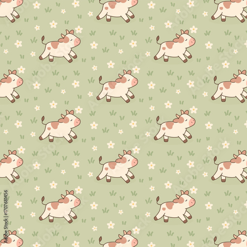 Pattern of cute cows running on meadow kawaii. Cute print with cows.
